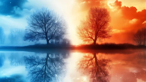 Twin season trees divide a dreamy lake of fire and frost.
