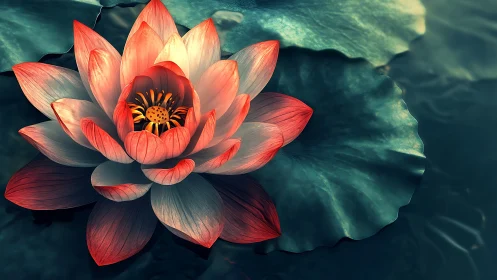 Lotus lantern of dawn glows above deep teal waters.