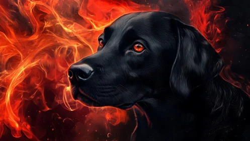 Black labrador digital portrait framed by vivid flames.