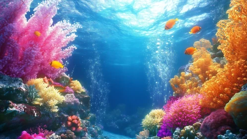 Colorful coral reef glow with playful tropical fish life.