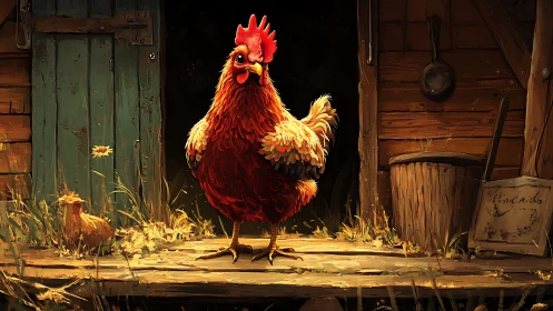 Vibrant Red Rooster in Rustic Farmyard Setting with Warm Golden Lighting.