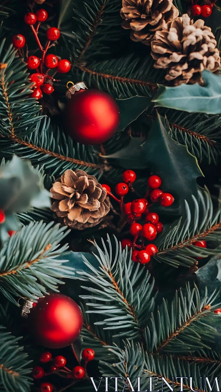 Festive pine branches cradle red ornaments and winter berries