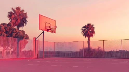 Sunset court hush under palm trees and pastel glow.