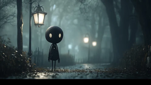 Small stylized figure stands by lamppost on wet forest path