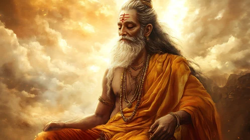 Serene sage in golden meditation amid radiant clouds.