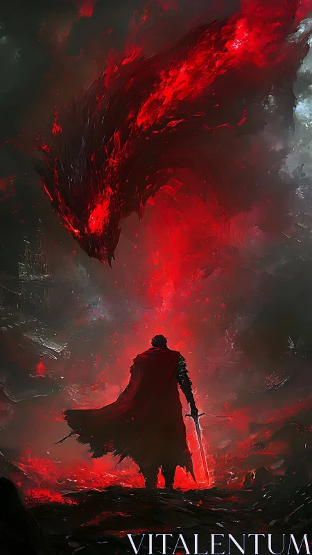 Lone crimson knight confronts a blazing voidborn dragon. Period.
