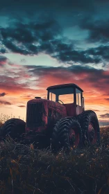Weathered red tractor resting under a glowing farm sunset.
