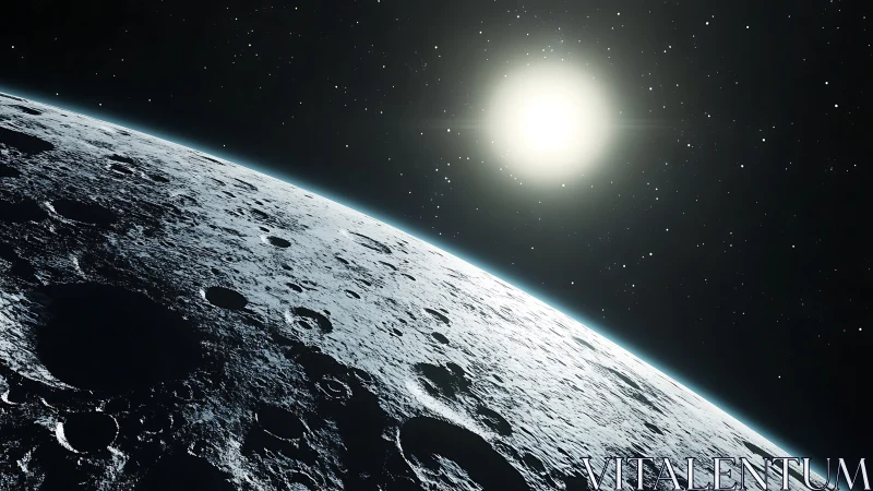 Photorealistic lunar horizon with sunlit cratered surface.