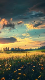 Sunlit wildflower meadow under birdswept, painted evening sky.