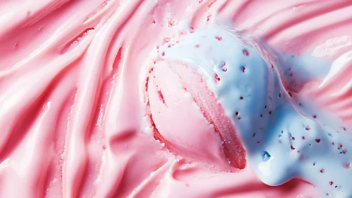 Macro close up of melting pink ice cream with blue drizzle