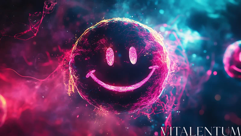 Neon plasma smiley sphere in glowing magenta cyan nebula field