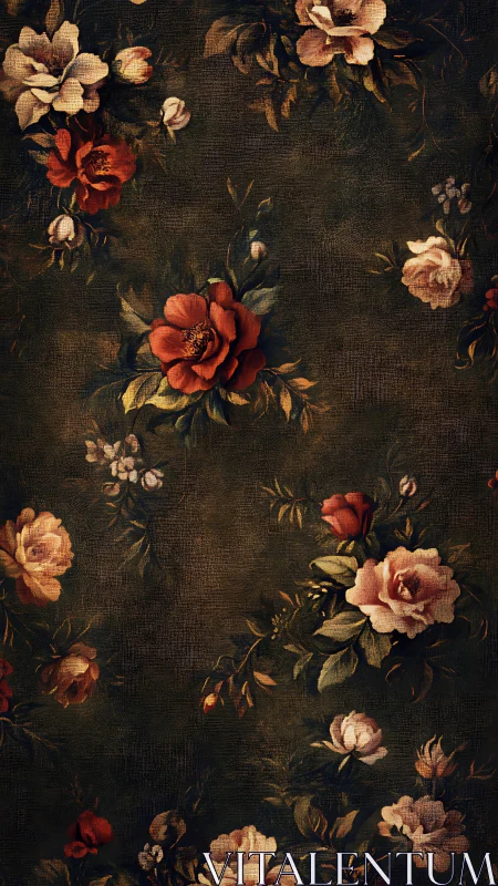 Vintage floral tapestry with dark rustic rose bouquets.