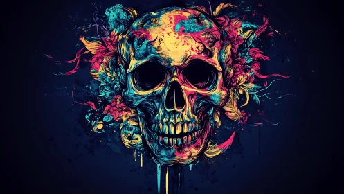 Chromatic skull topology with neon floral extrusion field.