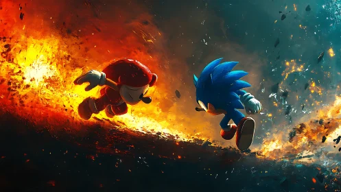 High-speed duel of stylized hedgehogs in fiery particle storm