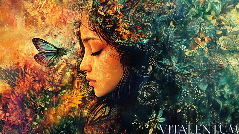 Surreal floral portrait merges woman, butterfly, and forest.