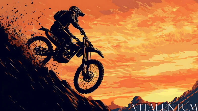 Enduro silhouette descending volcanic ridge at kinetic dusk.