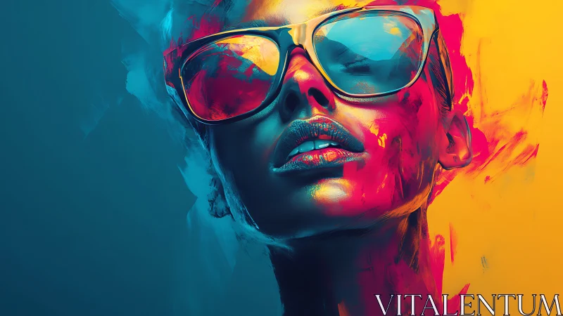 Digital portrait of woman in sunglasses with split color field.