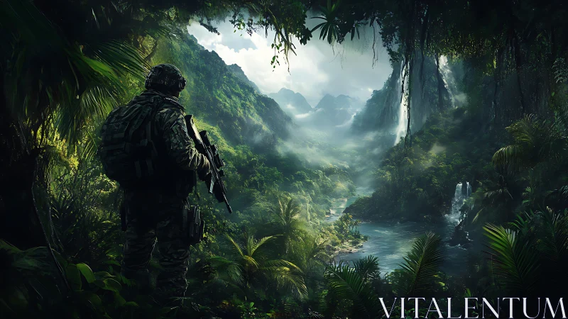 Digital painting of tactical soldier surveying misted jungle valley.
