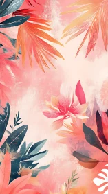 Tropical leaves and flowers on soft pink abstract background.