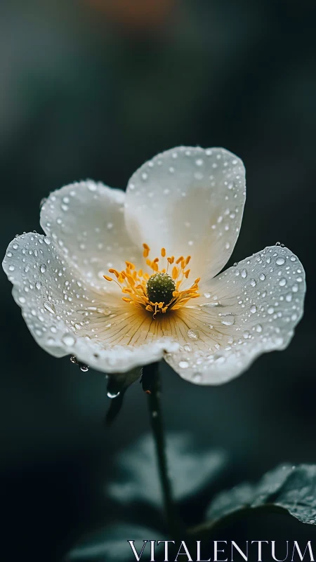 White Flower With Water Droplets on Petals and Green Stem
