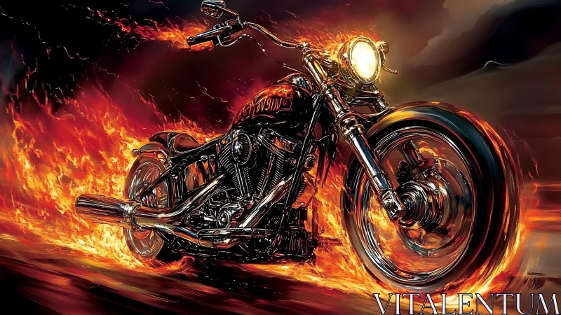 Flaming chrome motorcycle races through infernal highway blaze