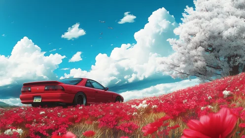 Red sports car rests in dreamlike flower field under vast sky
