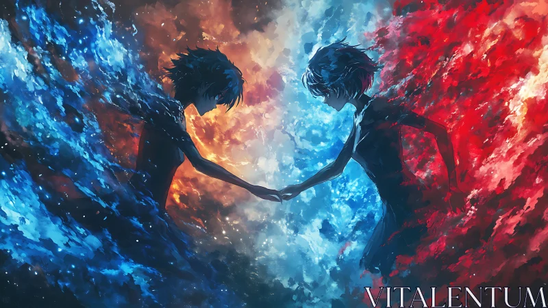 Elemental twins converging within swirling fire and ice vortex.