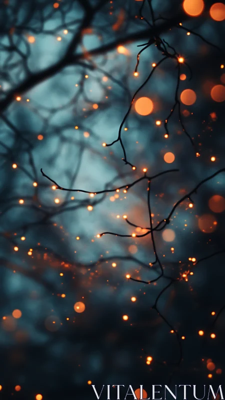 Tree branches with orange bokeh lights scattered in darkness