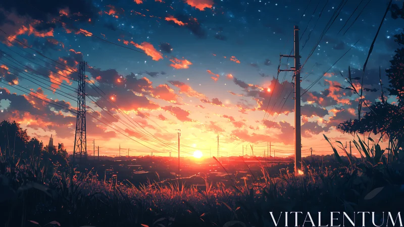 Sunset silhouettes rural power lines in glowing evening sky.