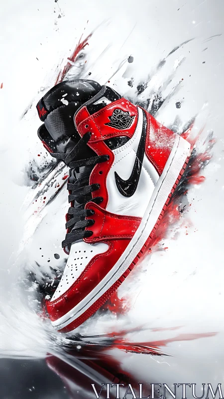 Dynamic red sneaker explodes through abstract white space