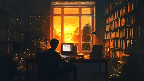 Writer at desk in warm sunset lit home library interior.