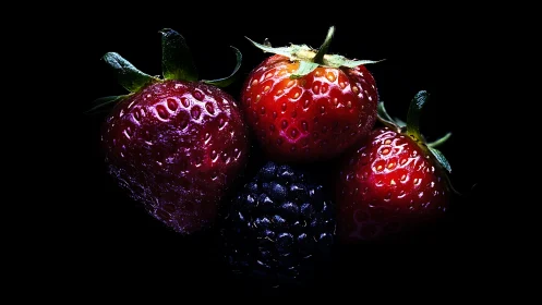 Strawberries and blackberry sit under hard low key lighting