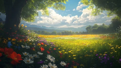 Sunlit wildflower meadow under expansive summer sky.