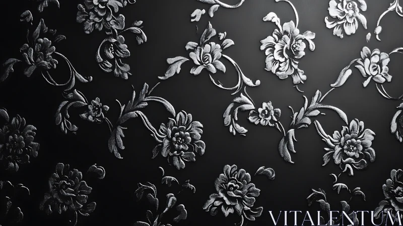 Silver floral embossing shimmers across a deep black surface
