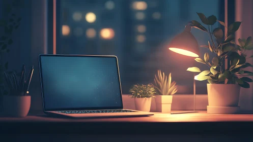 Cozy night workspace glows softly beside peaceful houseplants