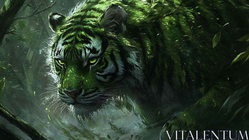 Emerald tiger stalks through misty jungle shadows in silence