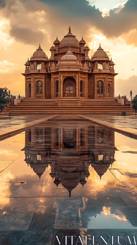 Symmetrical temple façade in reflective golden hour portrait.