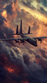Military aircraft cuts through burning storm clouds at dusk.