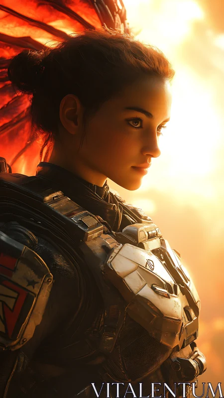 Sunlit space warrior gazes ahead with calm, steady courage