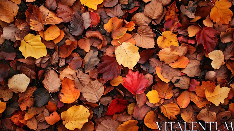 Colorful autumn leaves form dense carpet on forest floor