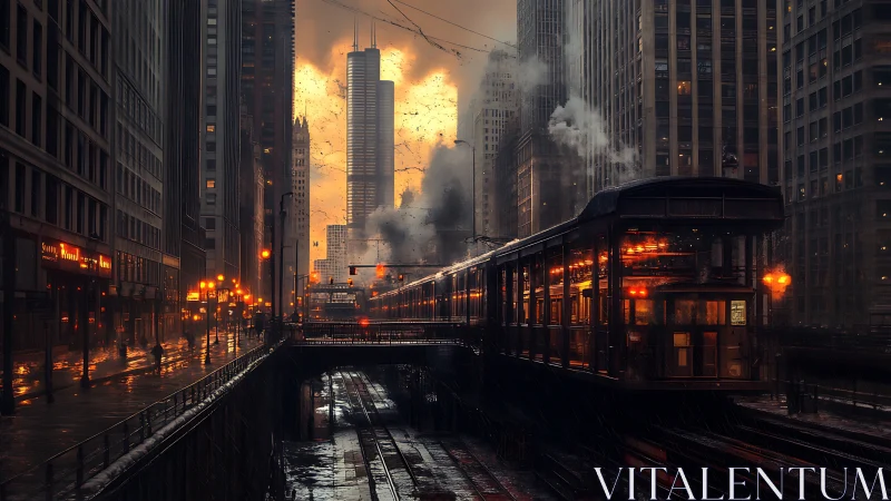 Stormlit elevated train crossing through noir city dusk.