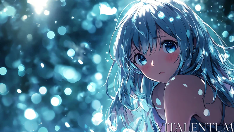 Blue haired anime girl glows amid dreamy bokeh lights.