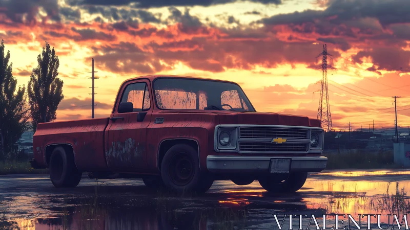 Rusting vintage pickup truck is parked on wet asphalt at dusk