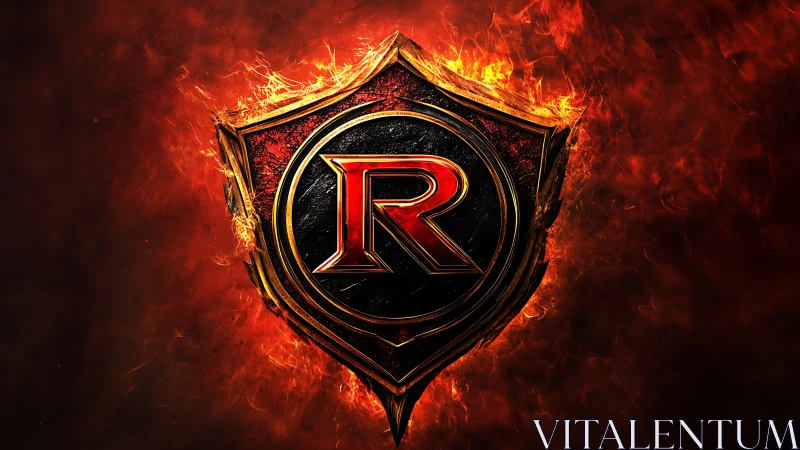 Blazing red R emblem within molten shield insignia.