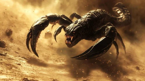 Cinematic 3D desert scorpion creature in dynamic charge motion.