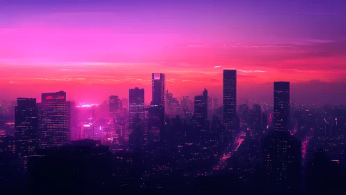 Neon dusk skyline over cyberpunk megacity horizon.