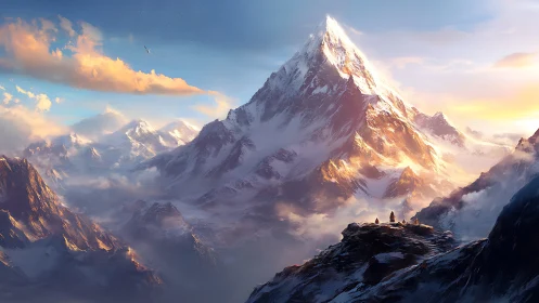 Snow-covered mountain peak rises above hikers at sunrise