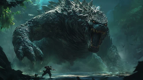 Colossal reptilian titan roaring over lone armored soldier.
