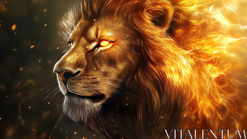 Fiery golden lion gazes forward with calm, glowing strength