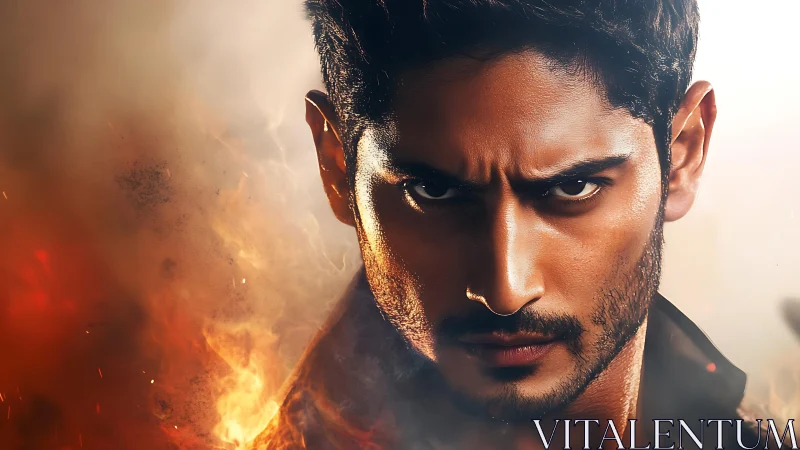 Intense close up of determined man against rising flames.